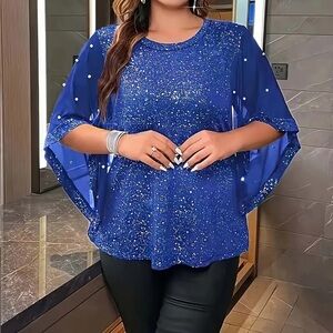 Women’s Royal Blue Sparkle Blouse with Pearl Sleeve Detail – 2XL New w/no tag
